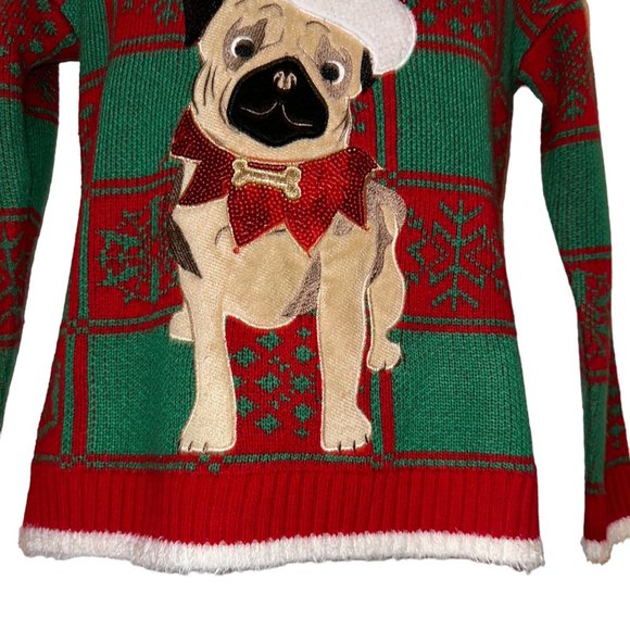 33 Degrees Mens Ugly Christmas Sweater XS Pug Santa Hat Holiday Puppy Dog Eyes - Picture 3 of 9